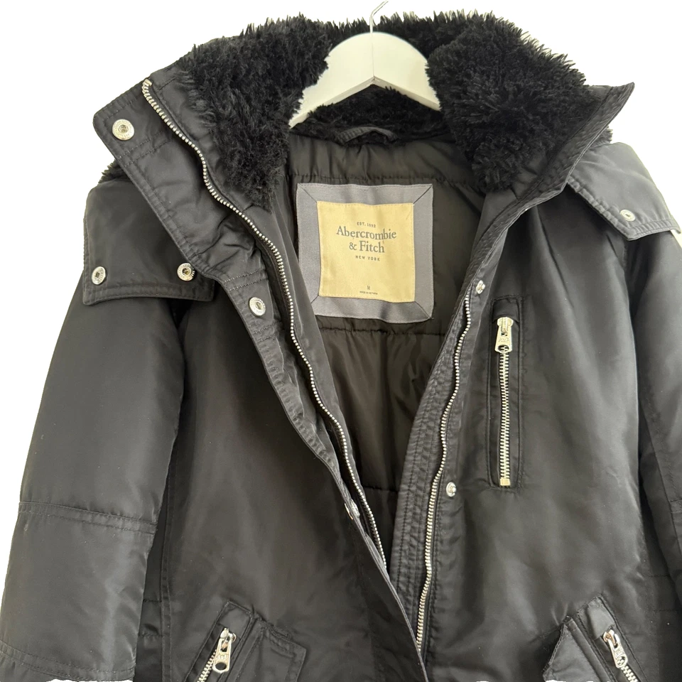 Abercrombie & Fitch черный парка пальто женщин Med теплый мех капюшон выстеганный интерьер - Изображение 4 из 4