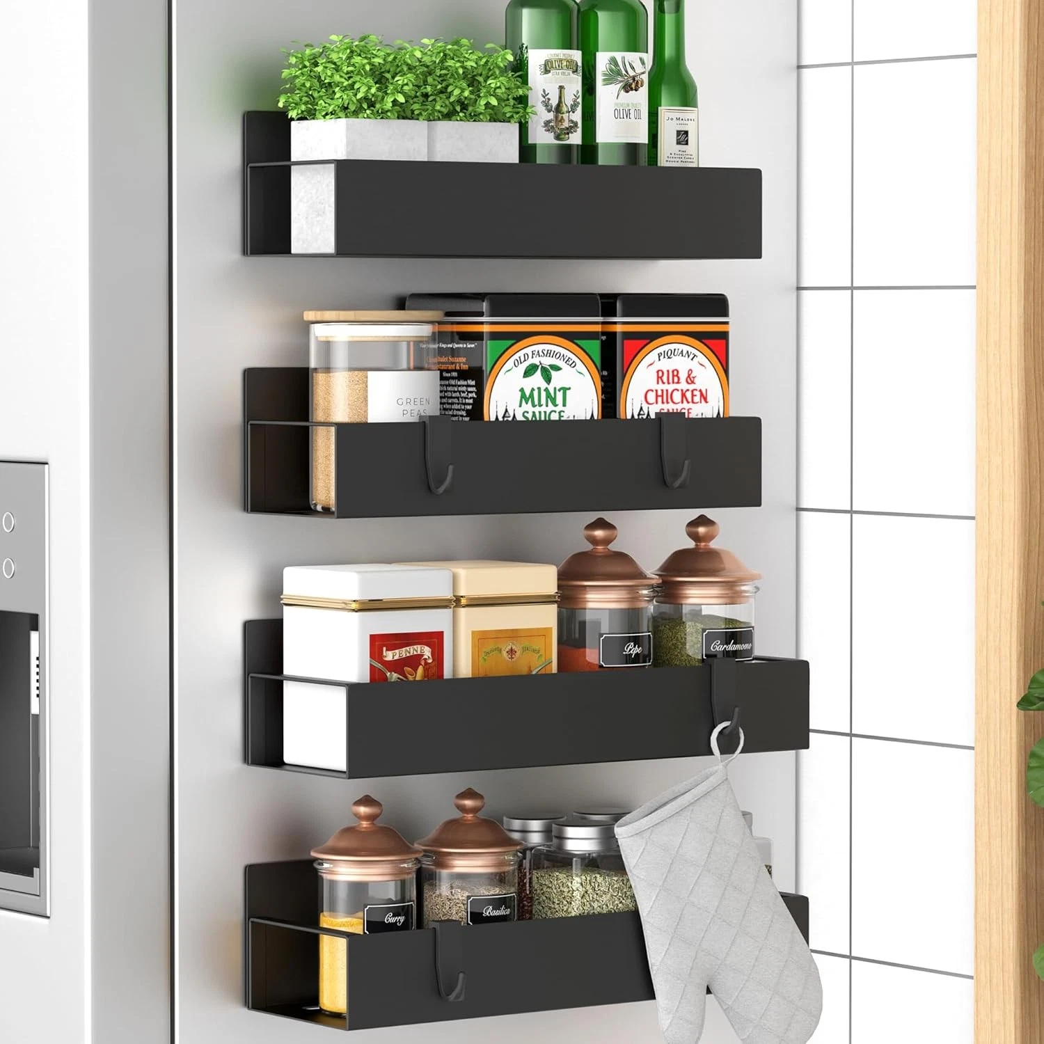 Metal 4 Pack Magnetic Spice Storage Rack Organizer for Refrigerator and Oven