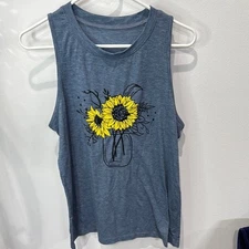 Sunflower Tank Top Sleeveless Casual Blue Graphic Top Size L
