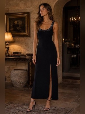 Vintage 90's Alex Evenings Black Maxi Length Gown Dress Size 4 Beaded Neckline