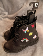 WONDER NATION Girls Combat Boots Toddler Size 12 Black Shoes Embroidered Patches