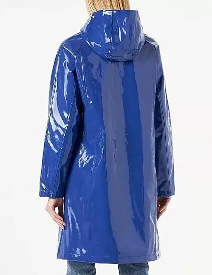 Women Shinny trench long PatienCoat Blue PVC Vinyl Waterproof Hoodie Rain Jacket image 4
