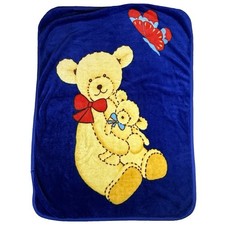 Baby Blanket Teddy Bear  Butterfly Blue Background Mink Plush 40" x 52" VTG