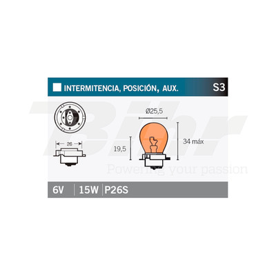 V PARTS Lámpara bombilla ambar r 6V15W P26S