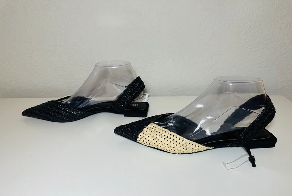 Sandalia plana ZARA tejida rafia punta negra tostada con tira trasera para mujer EE. UU. 7,5 NUEVA Foto 2 de 4