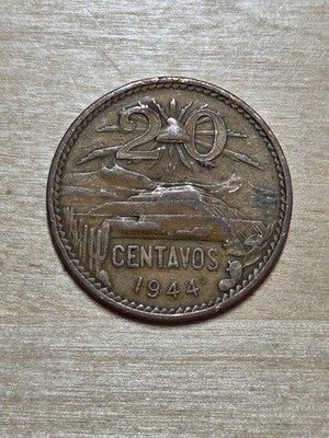 Mexico 20 centavos coin, 1944. KM# 439, bronze. Teotihuacan, 2 volcanoes, cap.