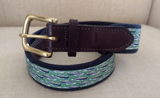 VINEYARD VINES green navy boat Print Fabric Navy Twill  Leather Belt sz M