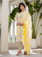 Indian Women Yellow Pure Cotton Printed Pakistani Kurta With Trouser  Dupatta