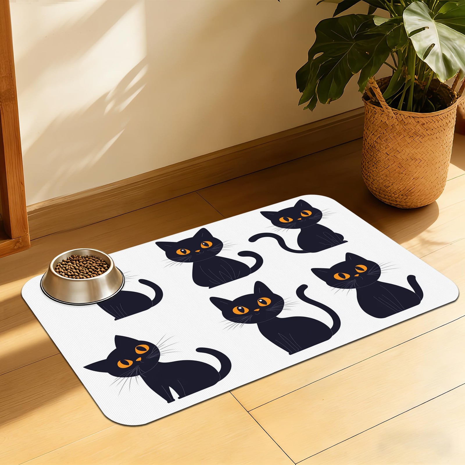 Cute Black Cats Pet Feeding Mat, Absorbent Dog and Cat Bowl Pad, Fast Dry, No...