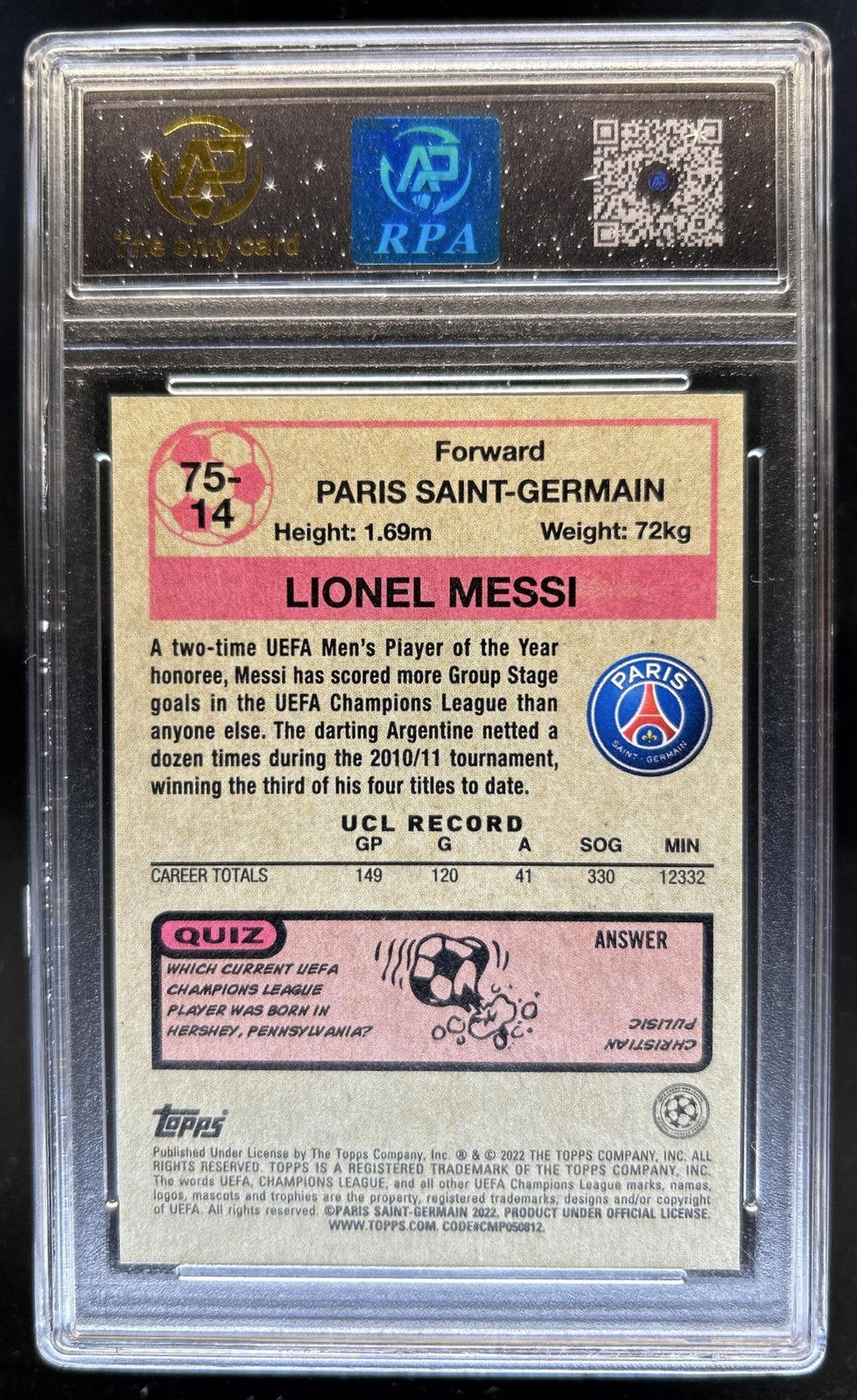2021 Topps UEFA Lionel Messi 1975 76 Retro #75-14 PSG RPA 9.5 view 2