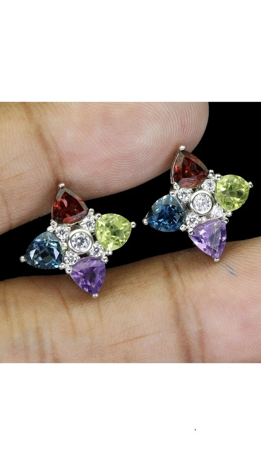 925 Sterling Silber Ohrringe Amethyst Peridot Topas Edelstein Schmuck - Bild 2 von 4