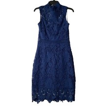PrettyLittleThing Lined Crochet Lace Dress Women 10 Blue Floral High Neck Formal