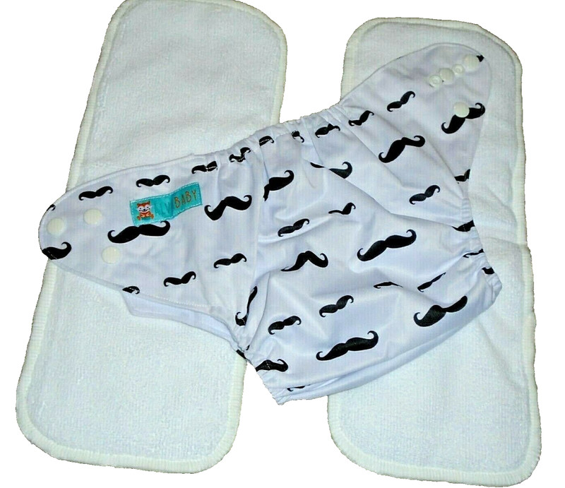7P NWOT ALVA BABY Mustache Pocket Snap Cloth Diaper with 2 Inserts pads One Size