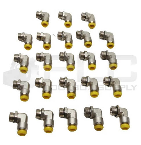 LOT OF 23 NEW PARKER ELBOW, CONN 1: 3/8" NPT - 9/32" ID, CONN. 2: PRESTOLOK 10mm