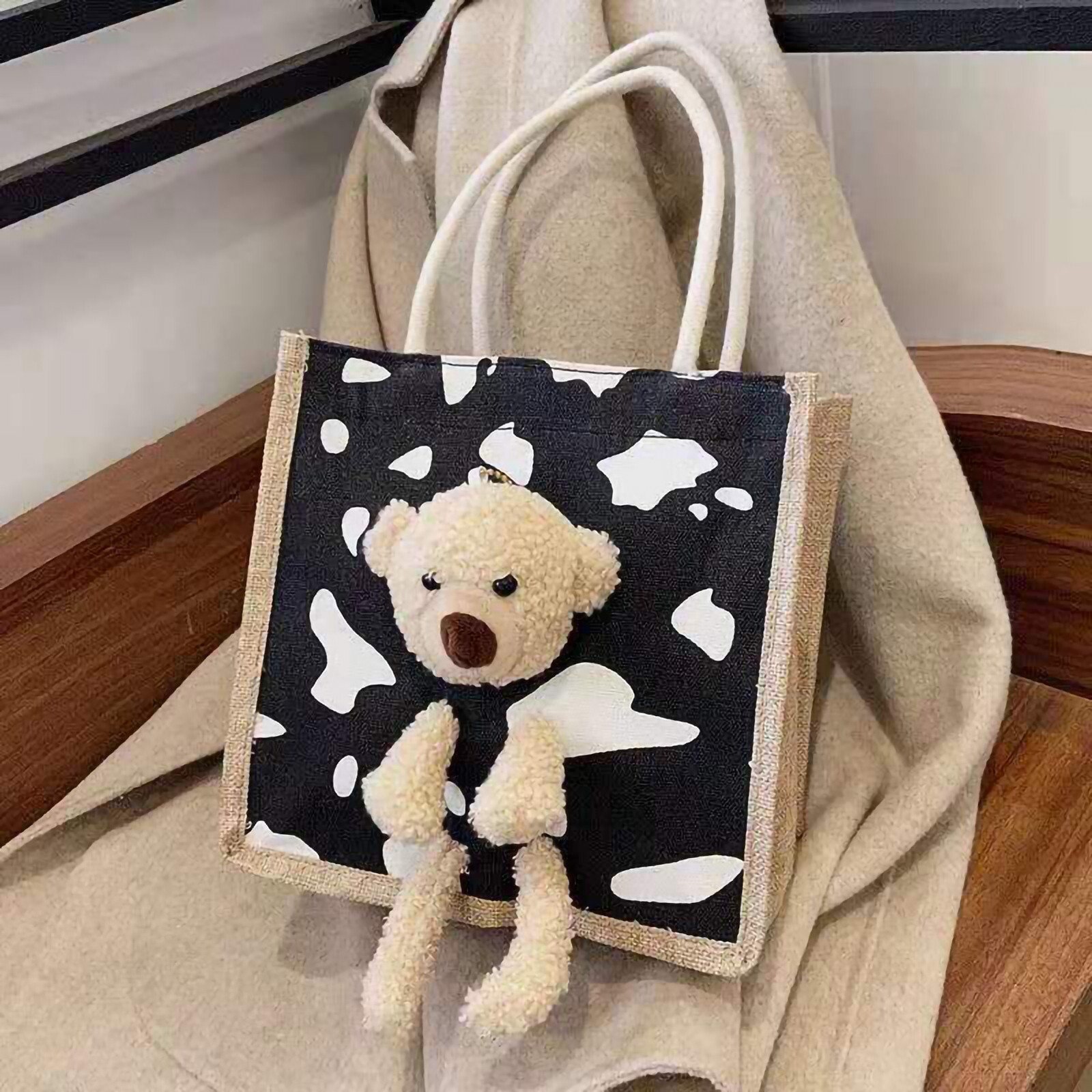 Cute Bear Canvas Tote Bag for Women - Lightweight Portable Handbag for Outdoor & Daily Use