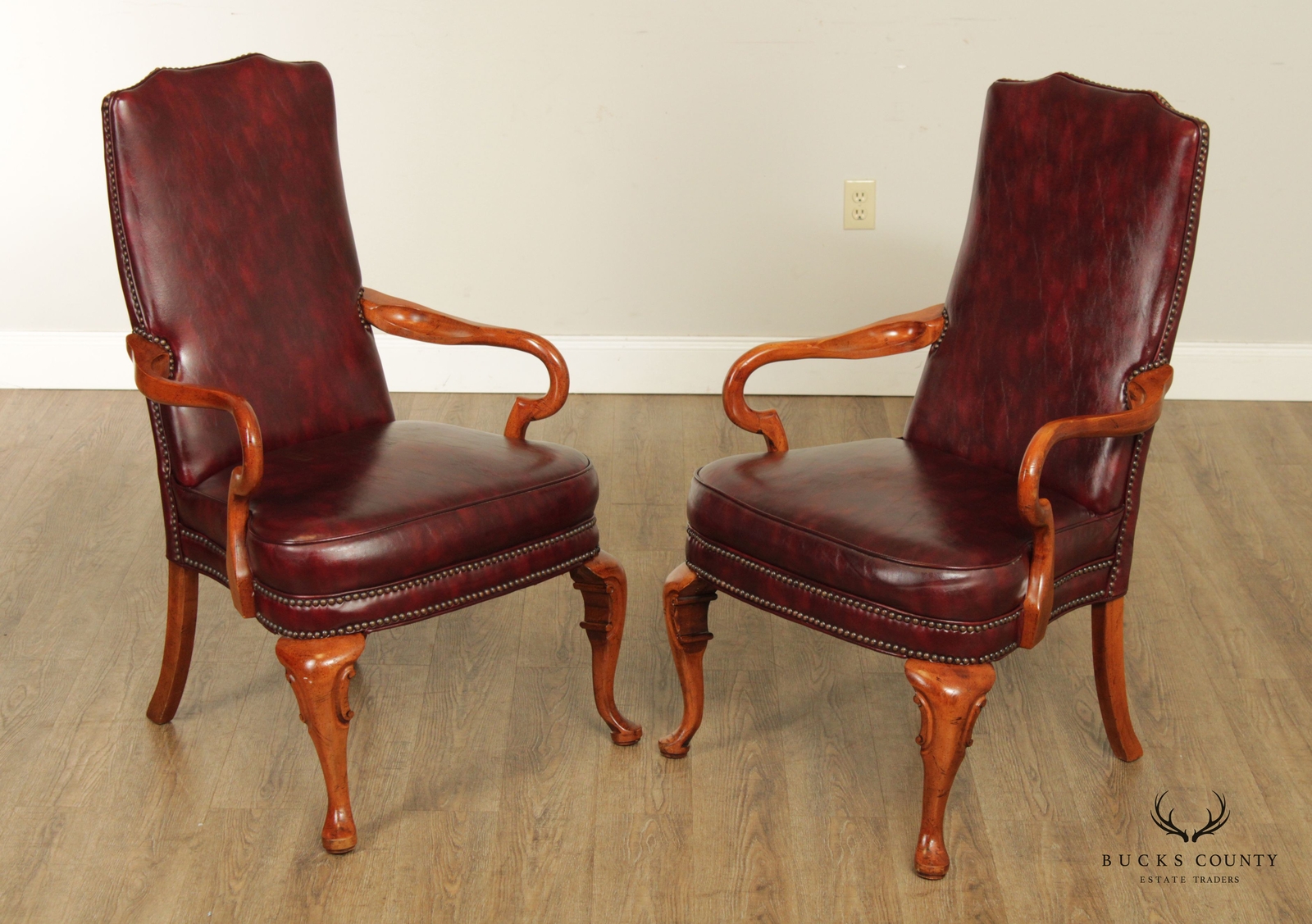 Queen Anne Style Pair of Leather Armchairs eBay