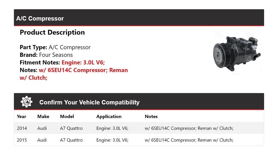Compresor de aire acondicionado para Audi A7 Quattro 2014-2015 3,0 L V6 4 estaciones Foto 2 de 4