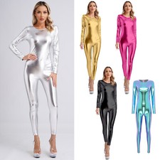Womens Leotard One Piece Unitard Nightclub Full Body Bodysuit Glossy Jumpsuit