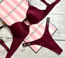 Victoria’s Secret VS Shine Strap Bombshell +2 cups Push Up Bra Thong Set Campari