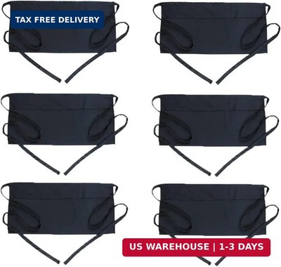 6 Pack Server Apron with 3 Pockets Black Waitress Aprons Half Waiter Bistro