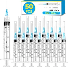 50Pack 3Ml/Cc Syringes Luer Lock with 23Ga 1” Individually Wrapped