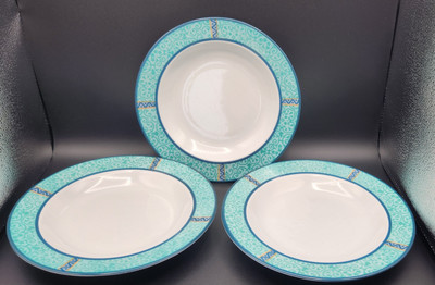 3 Tognana Dishes  - Blue Zigzag Dots Teal Scrolls  9.0  (Bowl/Plate)