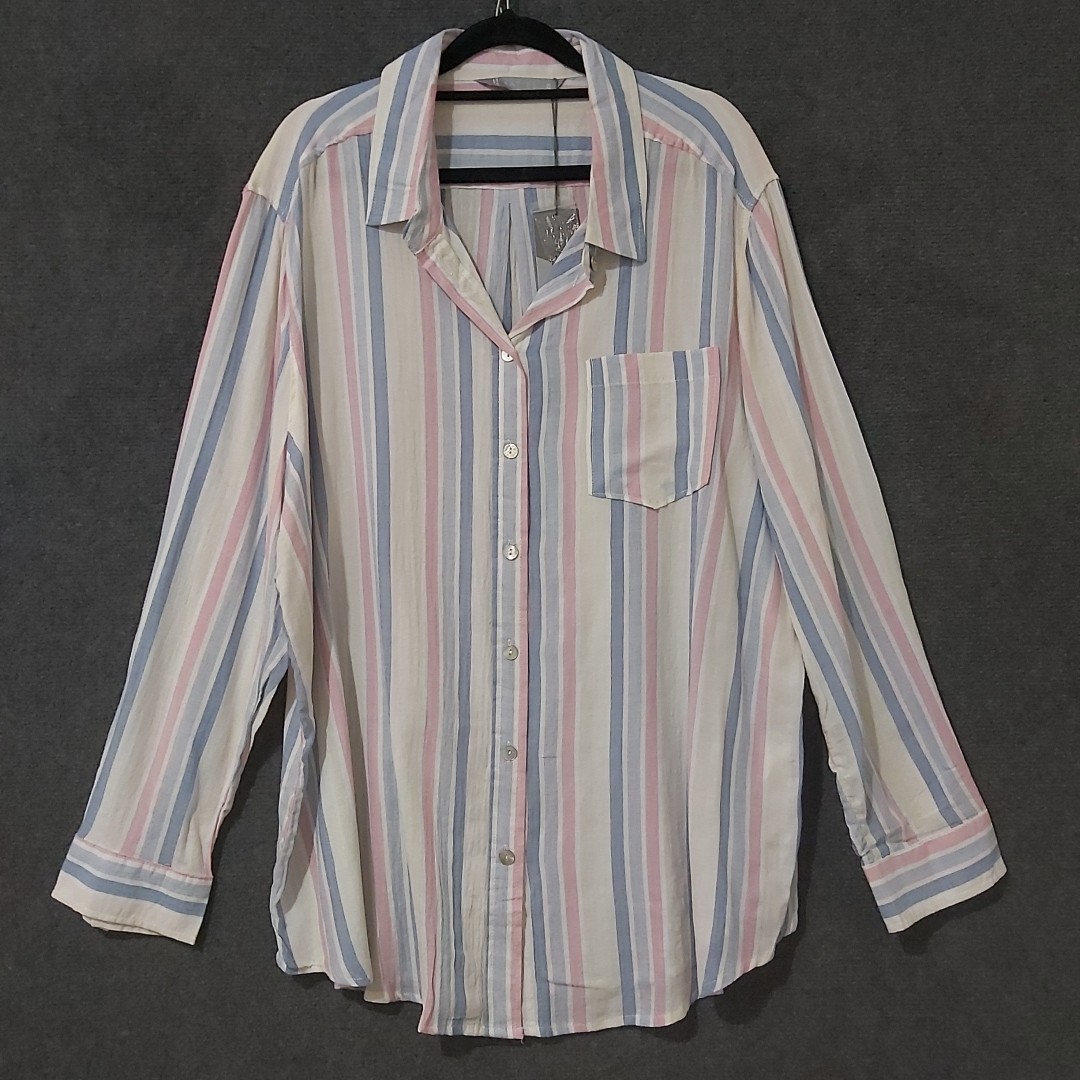 Katies Blue Pink Pastel Stripe Cotton Button Up Shirt Size 18 Long Sleeve