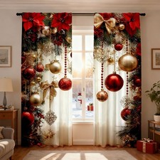 Christmas Ball Holiday Printed Curtains 2 Pieces Xmas Print Curtains Room Decor