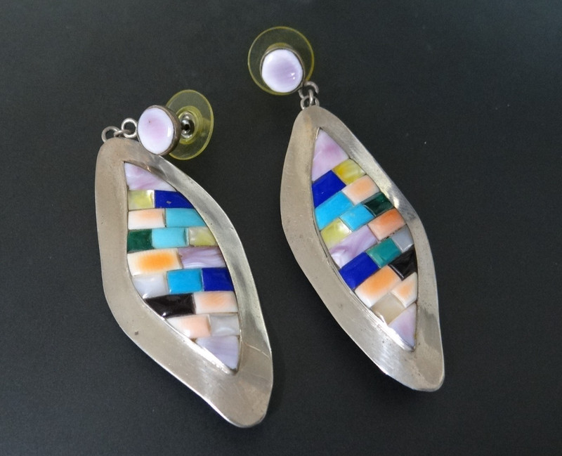 signed RP? Handmade Sterling Silver Onyx Coral Inlay Earrings Native American