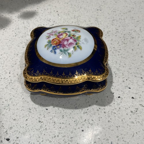 Caja de baratijas de porcelana dorada azul cobalto Limoges (Francia) pintada a mano como nueva