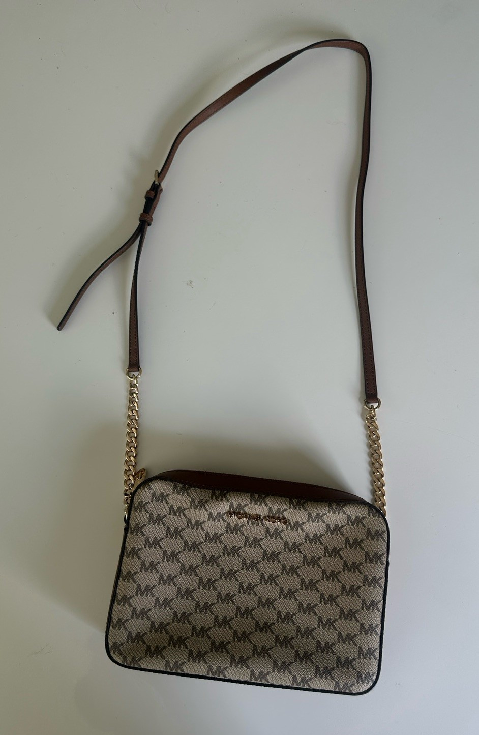 Michael Kors Beige/Brown Monogram Small Zip Crossbody, Gold Hardware Chain Strap