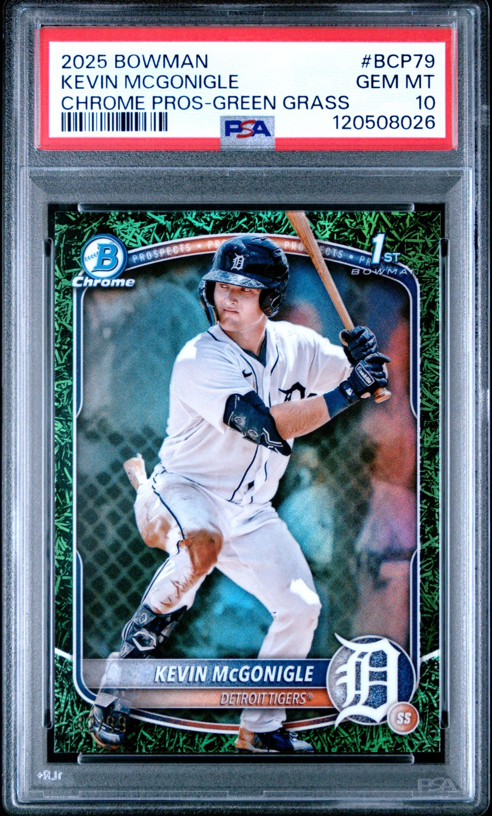 2025 Bowman Kevin Mcgonigle 1st Chrome Prospects Green Grass /99 Tigers - PSA 10