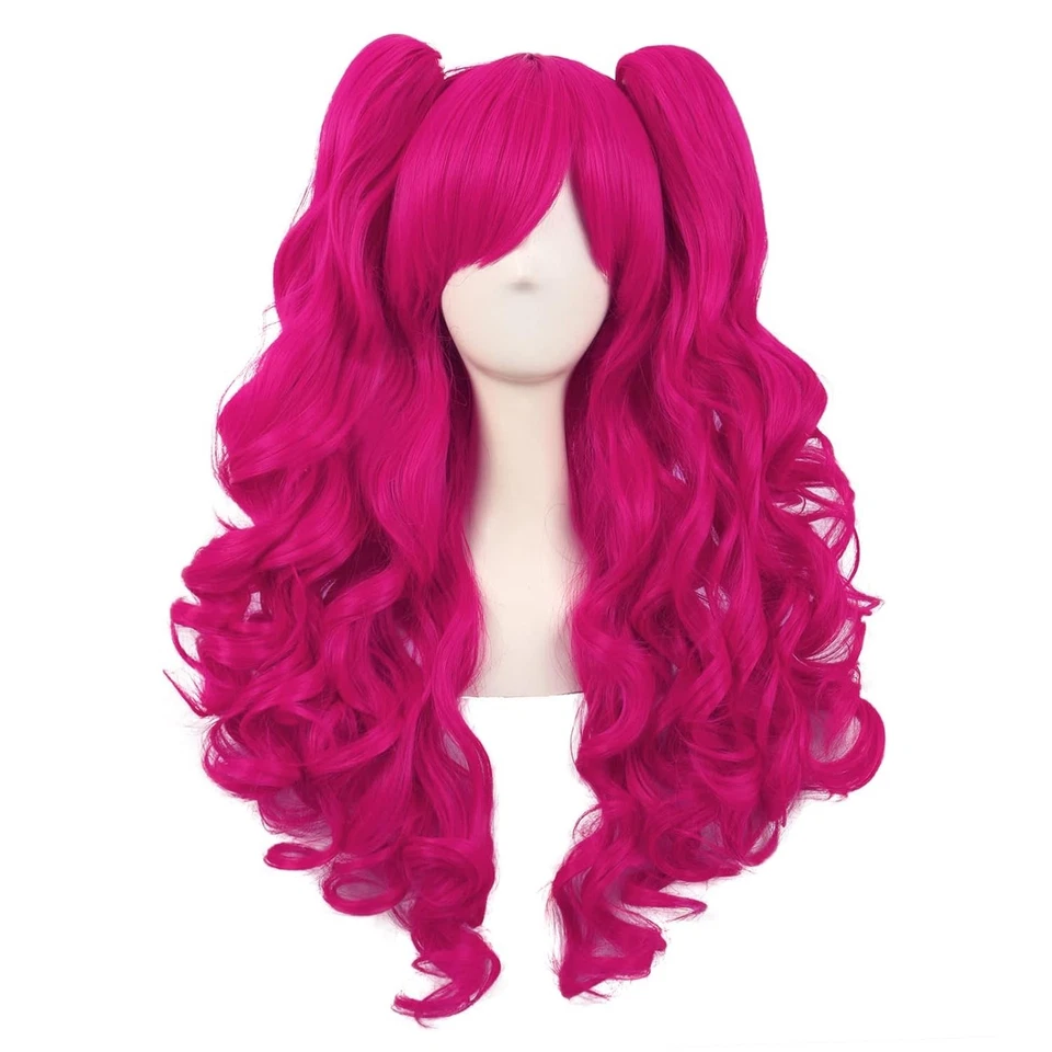 28 Inch Hot Pink Curly Cosplay Wig with 2 Clip-On Ponytails - High Temp Fiber - Image 3 of 4