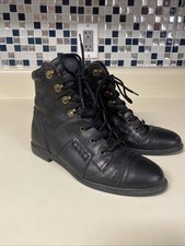 Vintage Clicks Black Leather Flat Biker Style Ankle Boots -Size 5 Lace Up