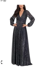 $249 Betsy & Adam Metallic Women Crinkle A-Line Gown Sz 14 Open Sleeves Cocktail