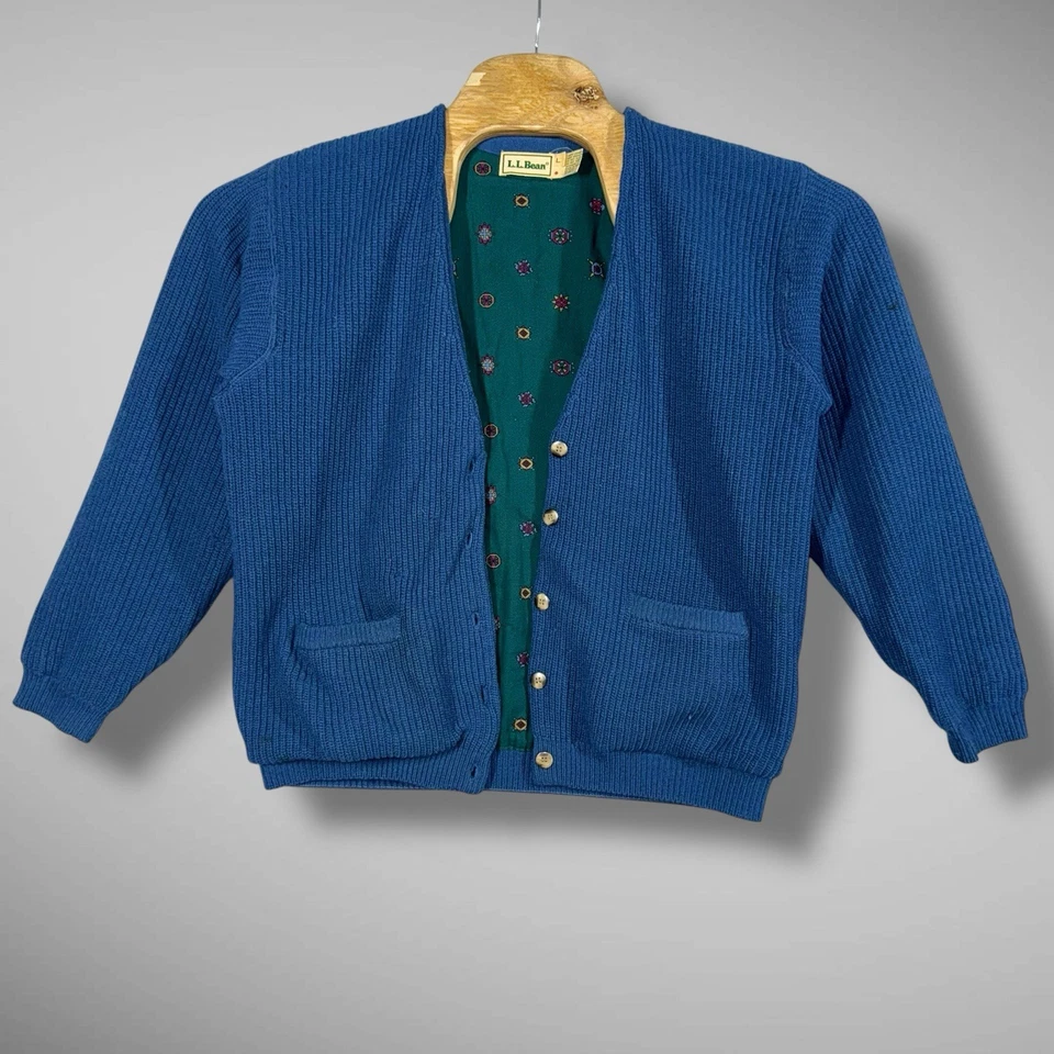 Cárdigan LL Bean para mujer grande azul forrado lana tejido suéter tareas de granero vintage Foto 2 de 4