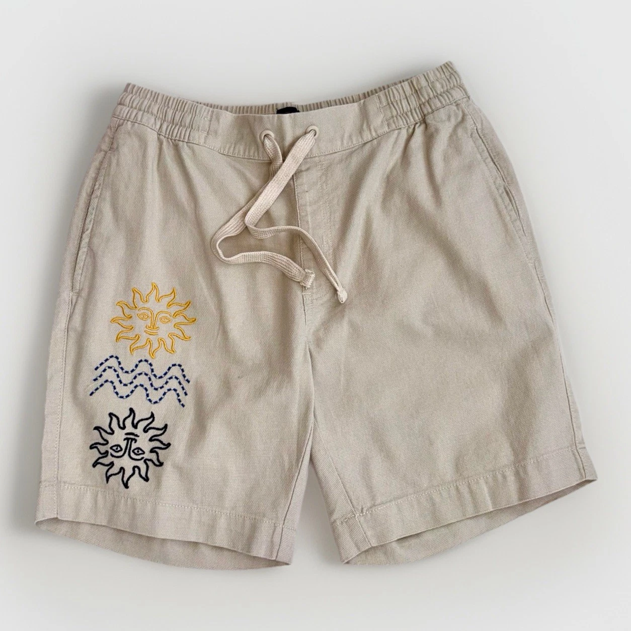 Percival Men’s Shorts Size Small Embroidered Natural Textured Logo Drawstring