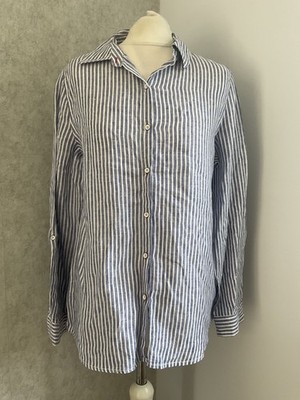 Sigrid Olsen 100% Leinen Hemd blau weiß gestreift Knopf Bluse Smart Casual Summe