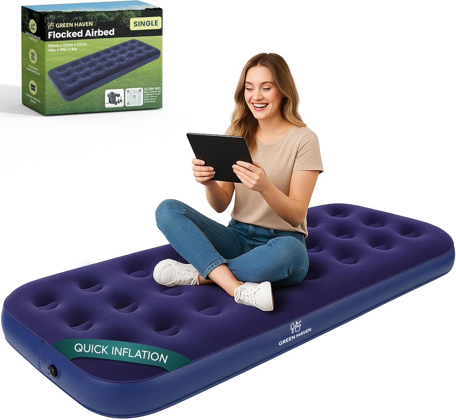 Green Haven Single Flocked Airbed – Lightweight Inflatable Camping Mattress w