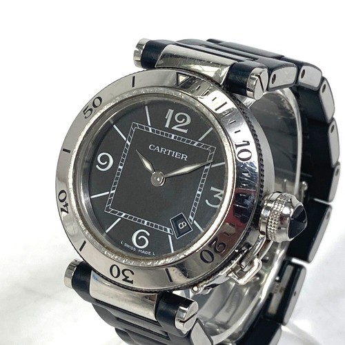 CARTIER W3140003 Pacha Sea timer Quartz Date Wristwatch SS Silver/Black belt - Picture 1 of 10