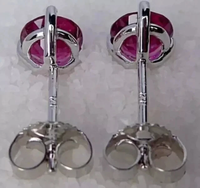 6mm Round Cut Lab Created Red Ruby Solitaire Stud Earrings 14K White Gold Plated - Image 3 of 4