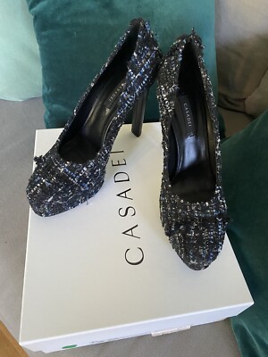 Casadei Tweed Pattern Pumps New In Box Black 39.5