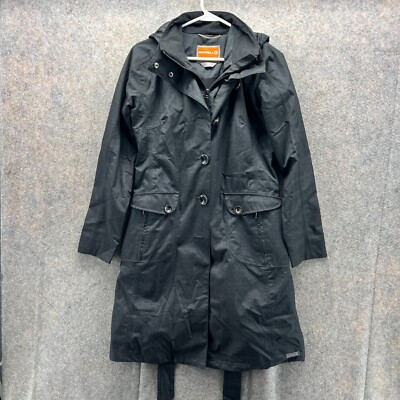 Merrell Trench Coat Women Small Jacket Black Opti Shell Button Down Hooded Belt