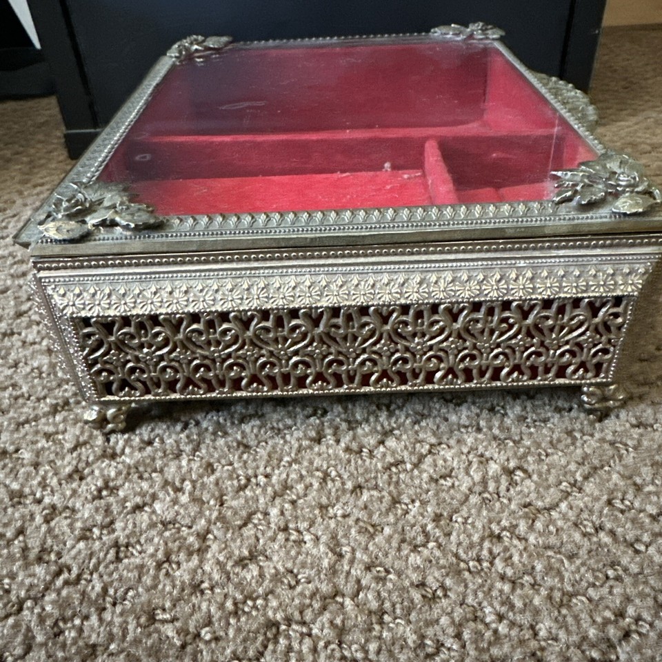 Vintage Large Ormolu Gold Plated Footed Music Jewelry Display Box