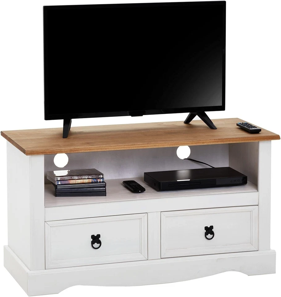 Corona TV Stand White Flat Screen 2 Drawer Television Unit Solid Pine - Image 3 of 4