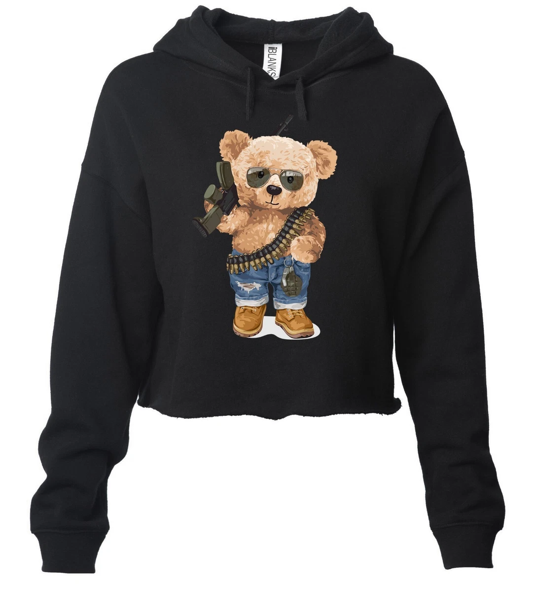Junior s 2nd Amendment Bear F135 Black Cropped Fleece Hoodie America Panda Army