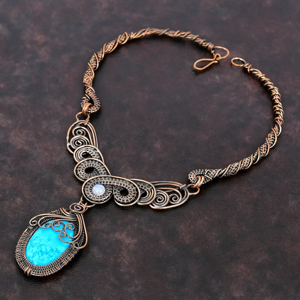 Regalo para ella Arizona Turquesa Alambre Envuelto Collar Cadena Cobre Joyería 18.0" Foto 3 de 4