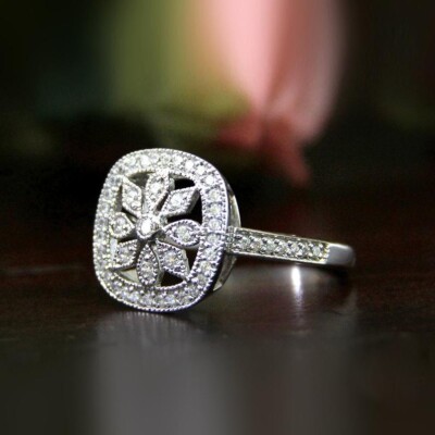  Art Deco Filigree Design Vintage Old Mine Cubic Zirconia Cluster Wedding Ring