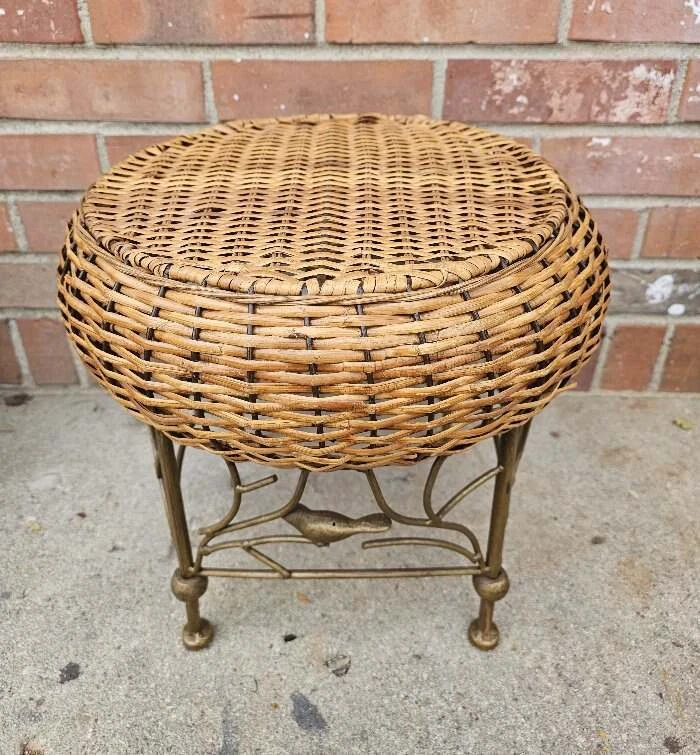 Vintage Cast Iroon Stool Round Woven Rattan Wicker Bird Design