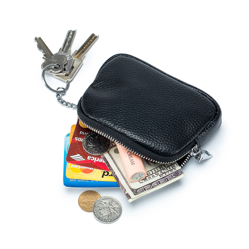 Genuine Leather Coin Purse with Key Chain Small Change Pouch Cards Holder Wallet
